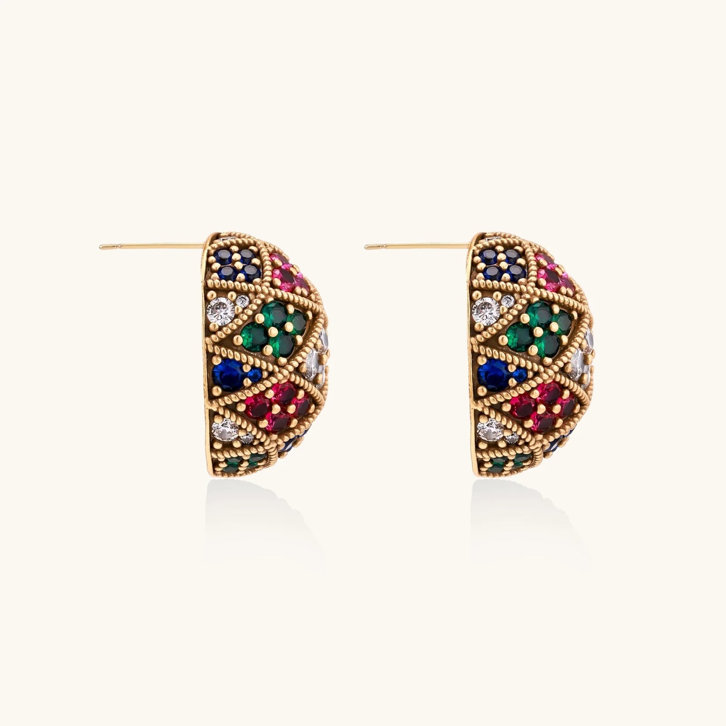 Oval gold-plated stud earrings with multicolor zirconia stones in geometric mosaic pattern