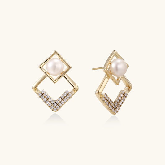 Gold-plated double square frame earrings with freshwater pearl and crystal accents on white background