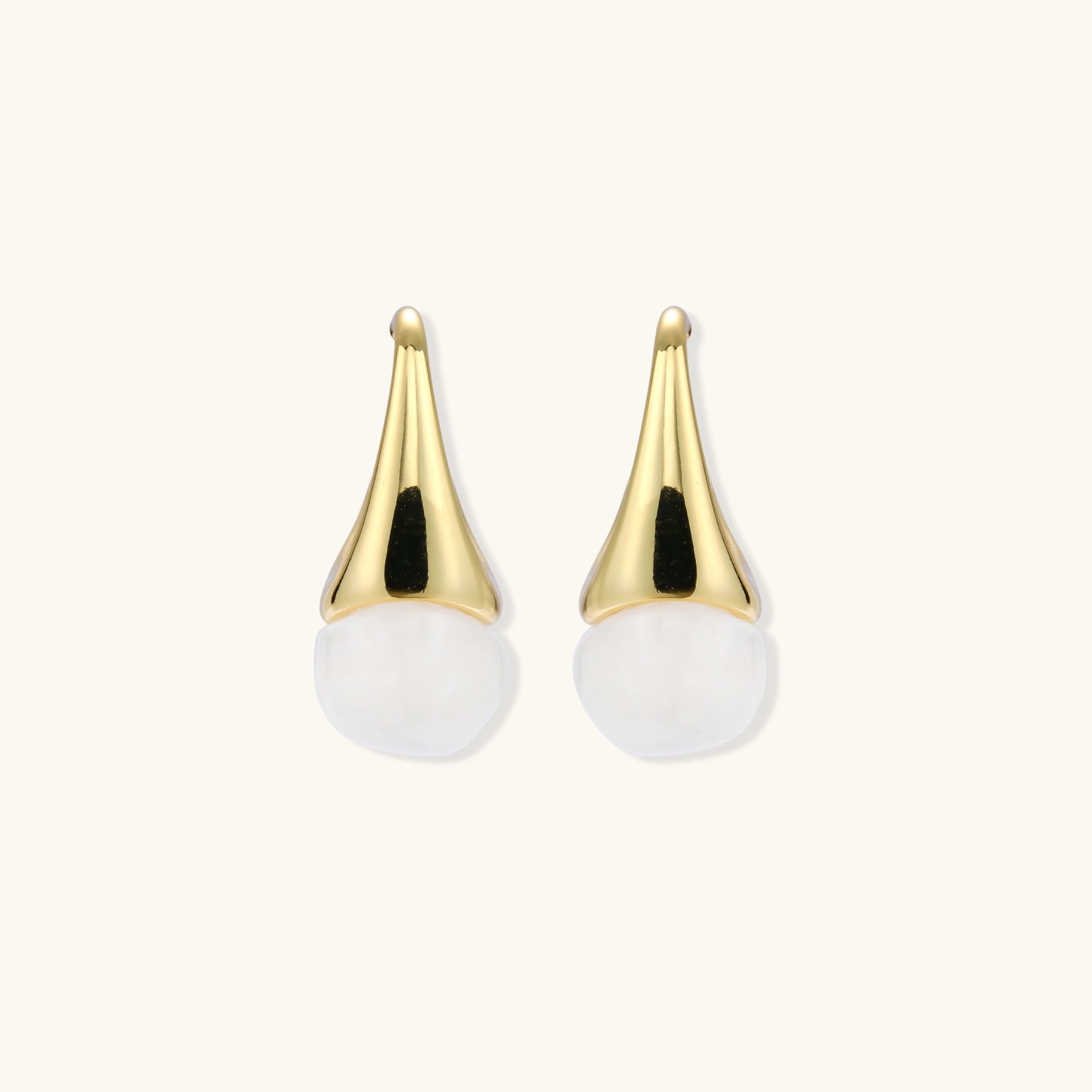Pair of small gold-plated hoop earrings with triangular cone fronts and curved backs on white background.